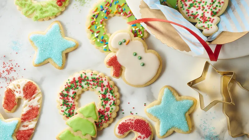 A variety of Basic Iced Holiday Sugar Cookies, shaped like stars, candy canes, and a snowman, with sprinkles and icing, are artfully arranged on a marble surface next to a star-shaped cookie cutter.