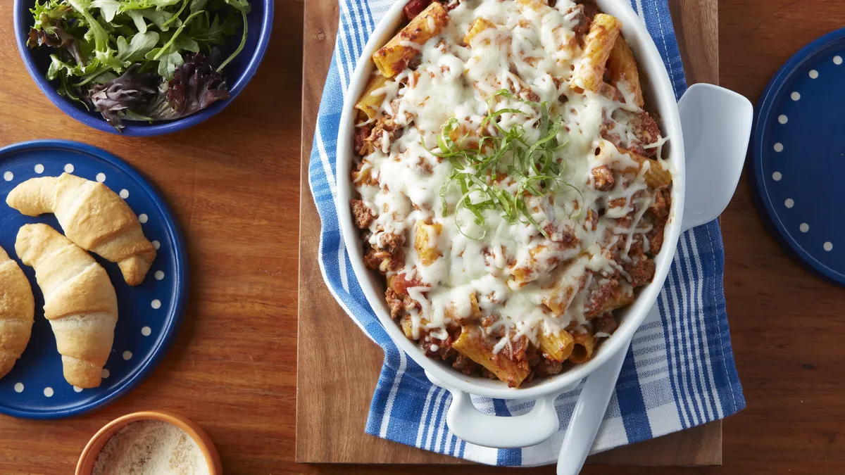 Baked pasta with cheese and herbs.