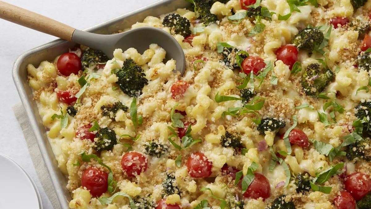 Sheet-Pan Cheesy Pasta with Roasted Broccoli