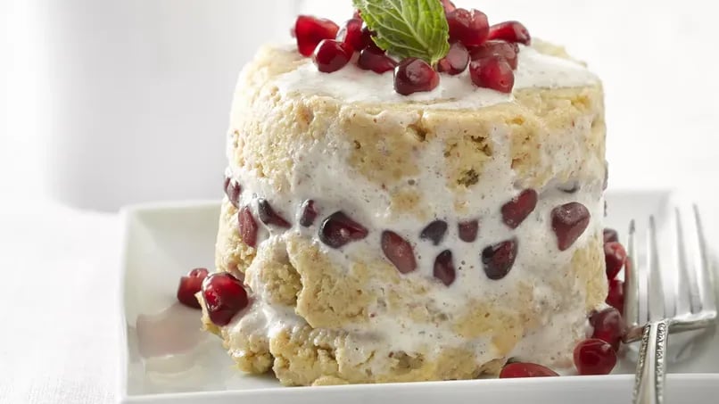 Plantain Cake with Cognac Pecan Cream and Pomegranate