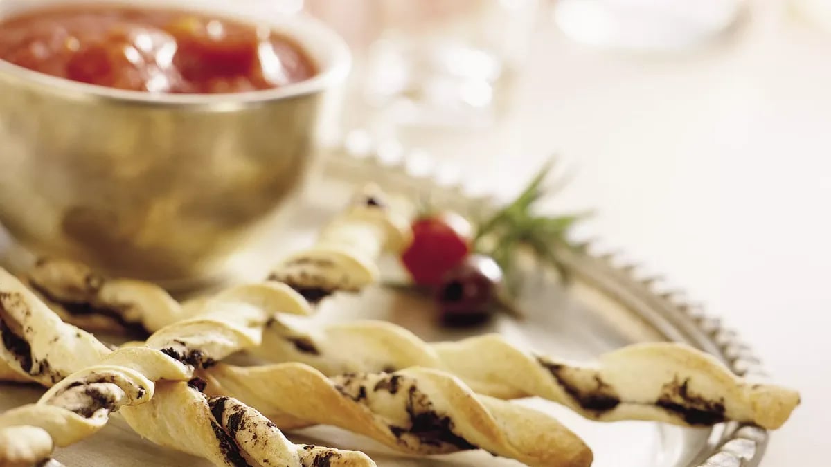 Kalamata Olive Breadstick Twists with Marinara Sauce