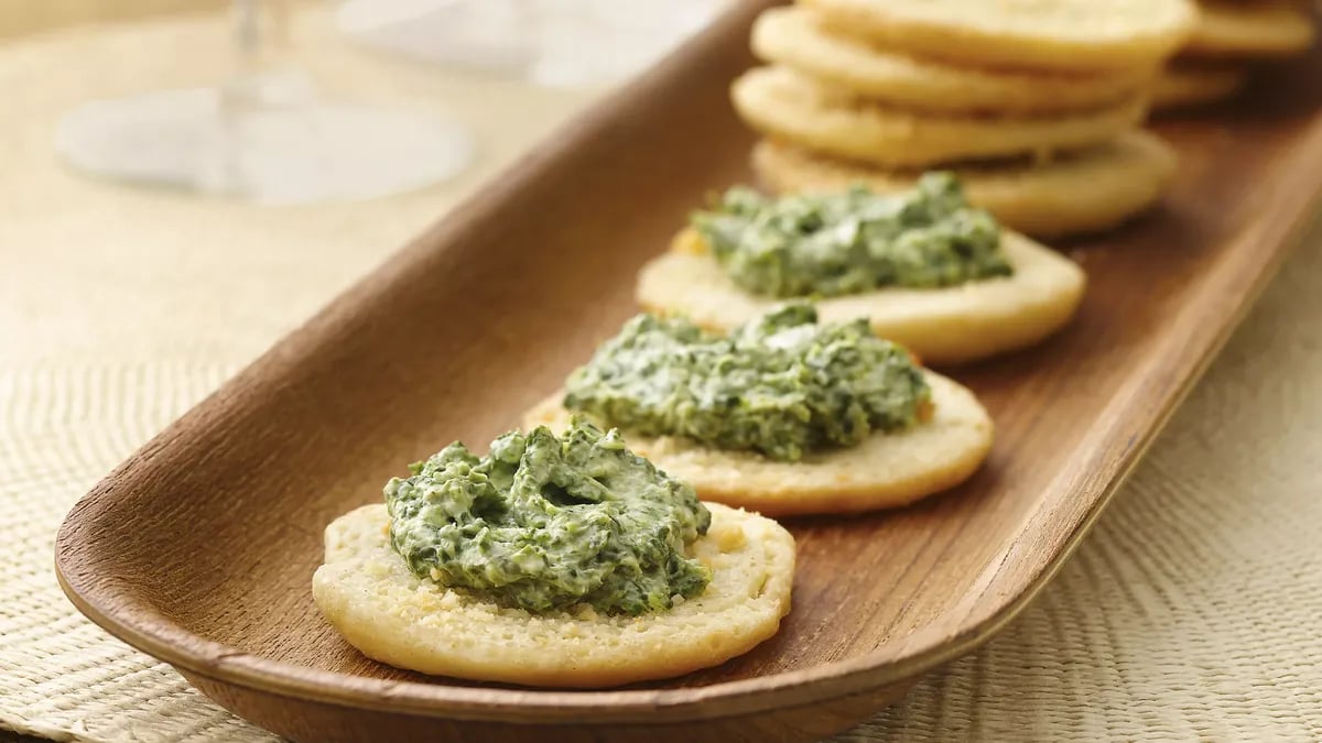 Parmesan Crostini with Spinach-Pesto Spread