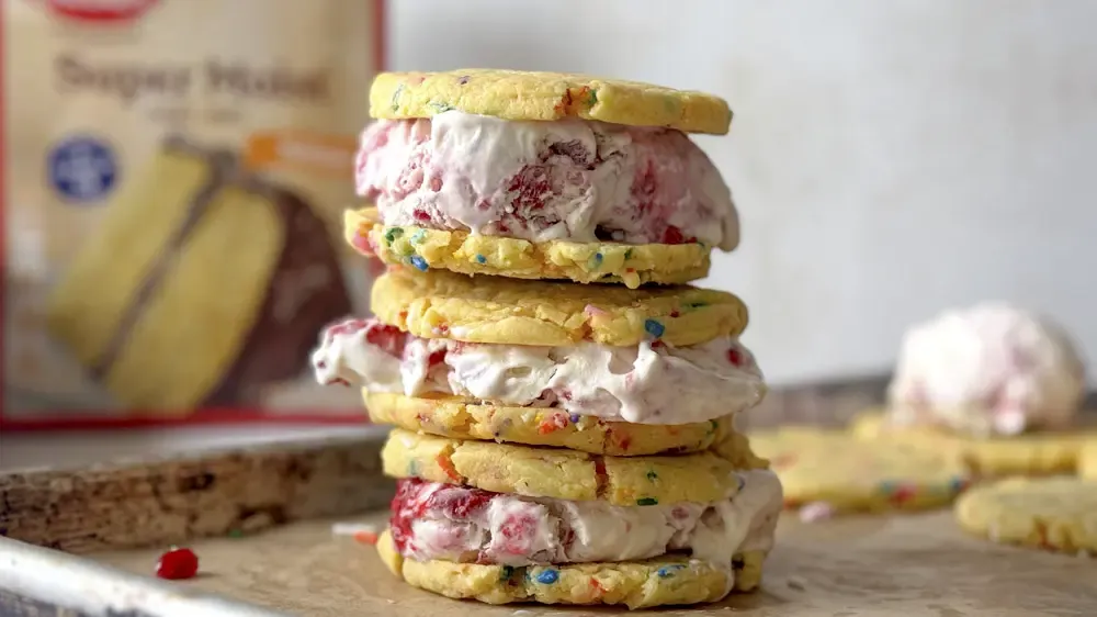 Cake Batter Cookie & Raspberry Ice Cream Sandwiches