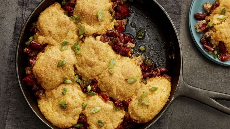 Sausage and Red Bean Skillet with Cornbread Biscuits