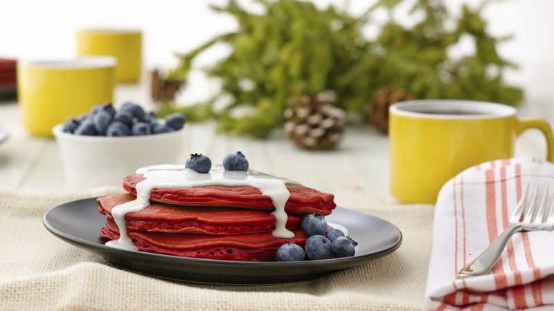 Red Velvet Pancakes with Coconut Syrup and Blueberries