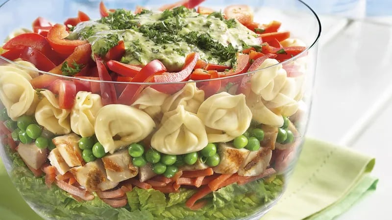 Layered Tortellini Pesto Chicken Salad