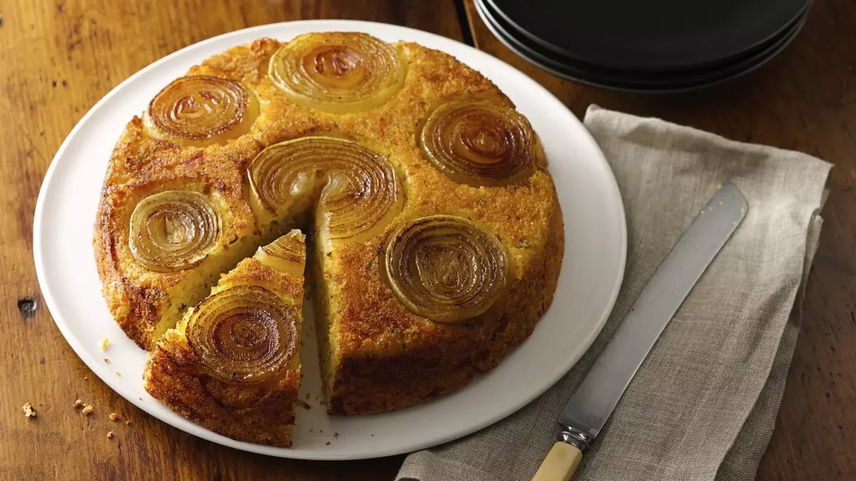 Upside-Down Cheesy Onion Cornbread 