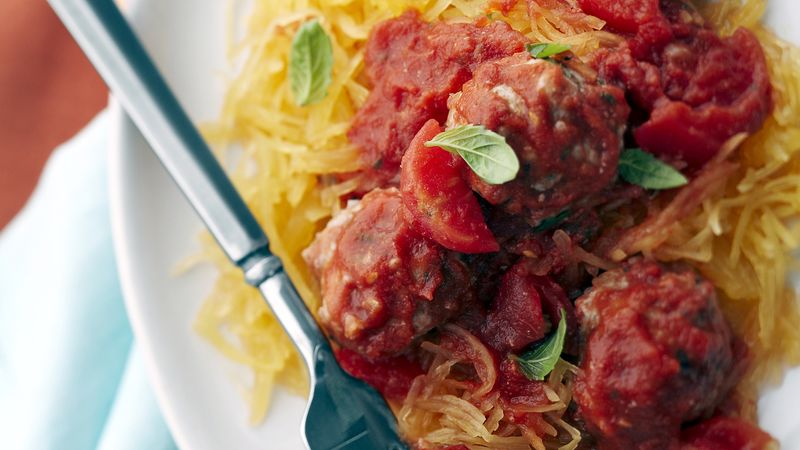 Skinny Italian Bulgur Meatballs with Spaghetti Squash