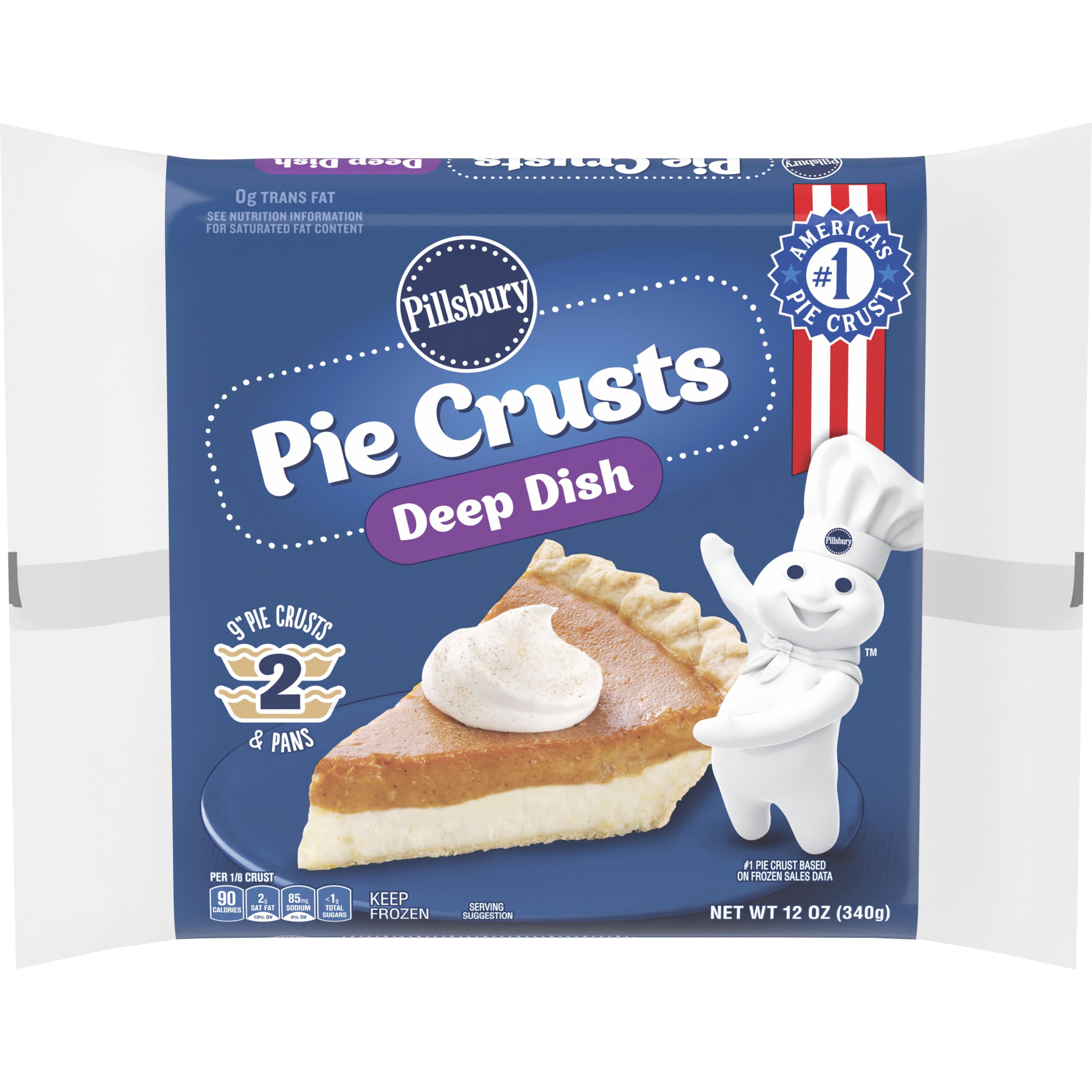 Pillsbury Frozen Pie Crust, Deep Dish, Two 9-Inch Pie Crusts & Pans, 2 ct, 12 oz - Front