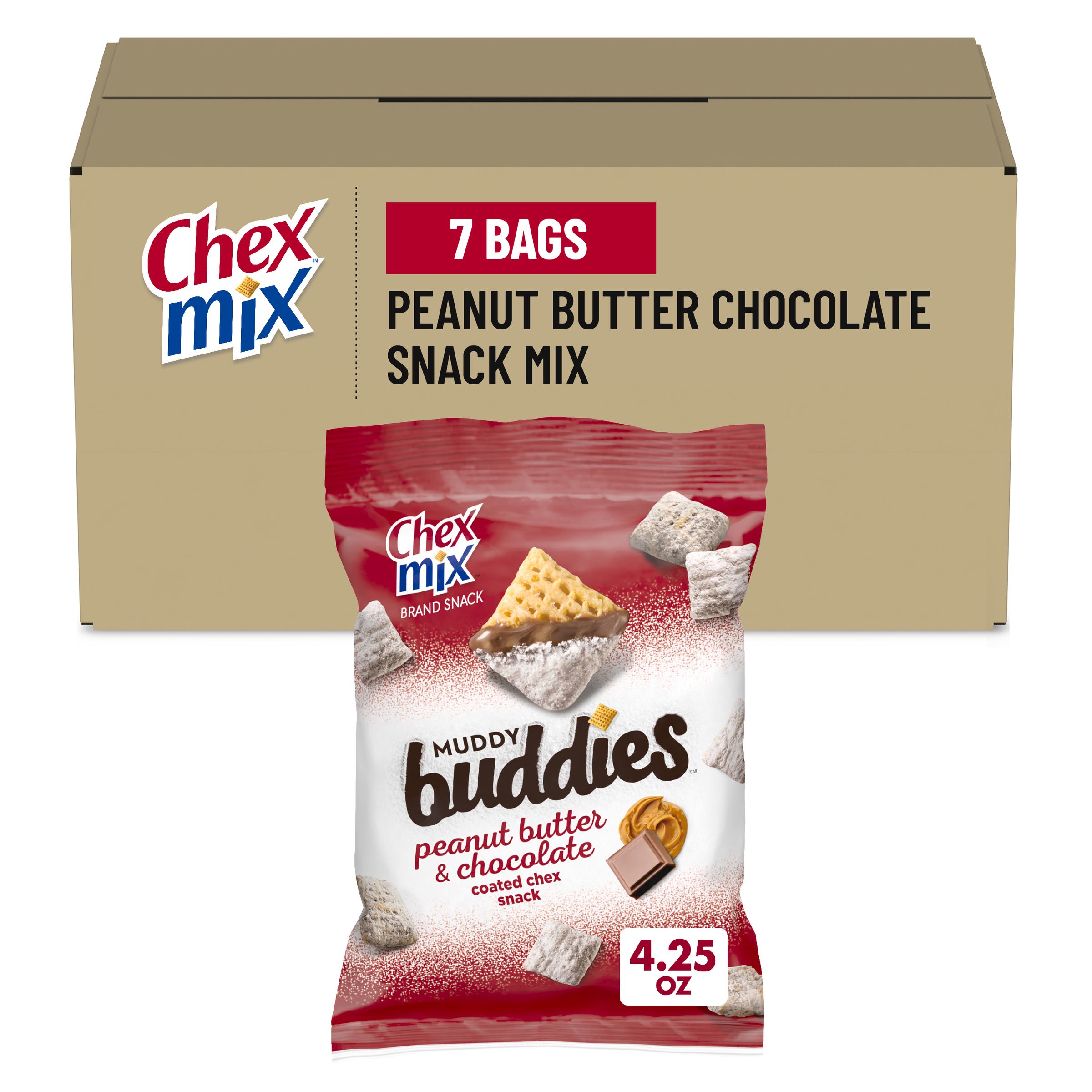  Case Optimized Hero Chex Mix Muddy Buddies Snack Mix Bag Peanut Butter Chocolate (7 ct) 4.25 oz