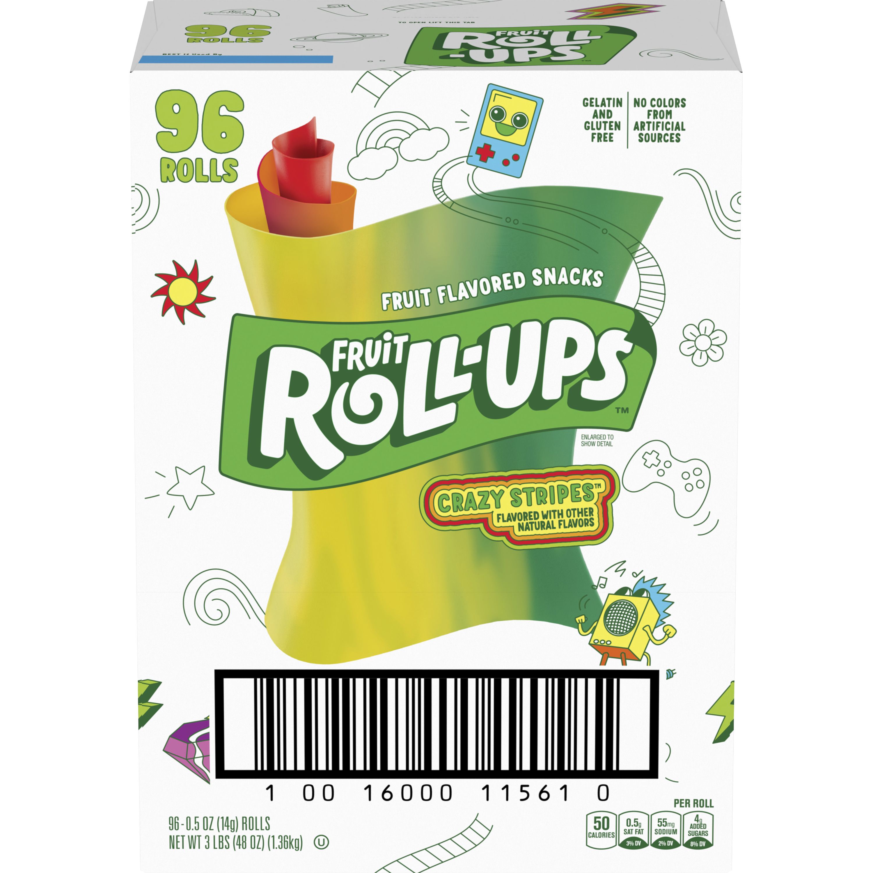 Front - 3D Fruit Roll-Ups Gluten Free Fruit Snacks Single Serve Pouch Reduced Sugar Crazy Stripes 96/0.5 OZ