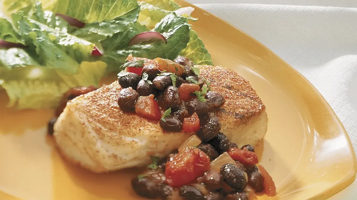 Chili-Grilled Halibut with Black Bean Salsa