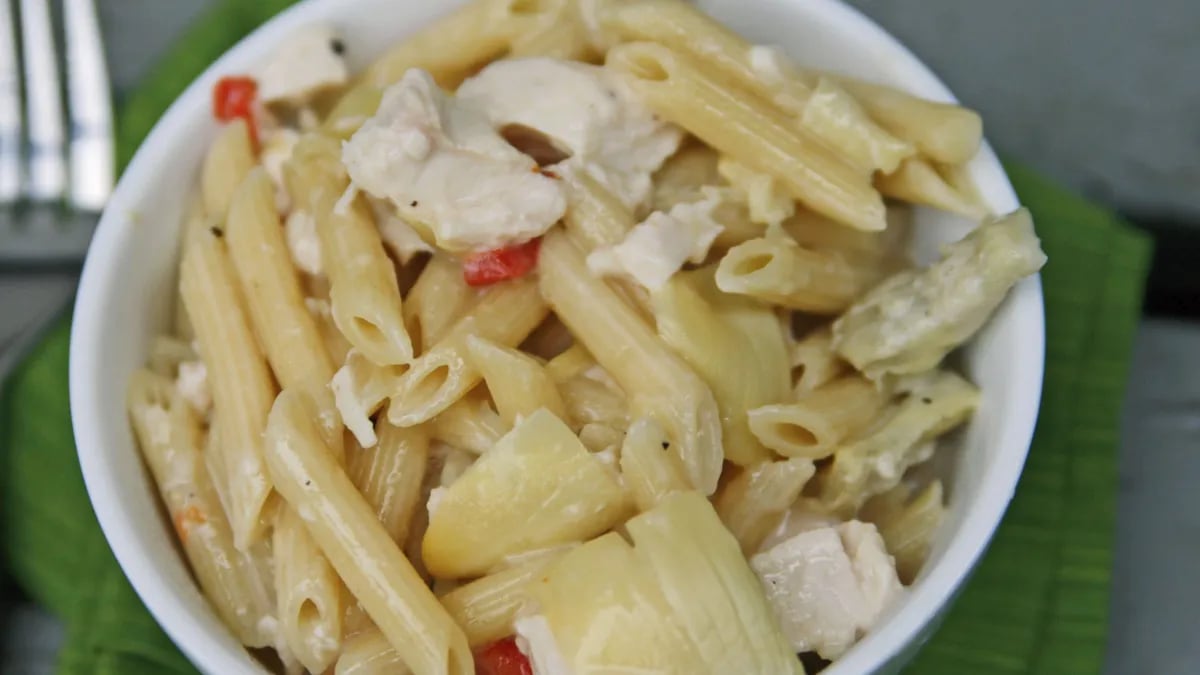 Roasted Chicken and Artichoke Penne with Creamy Gouda Sauce