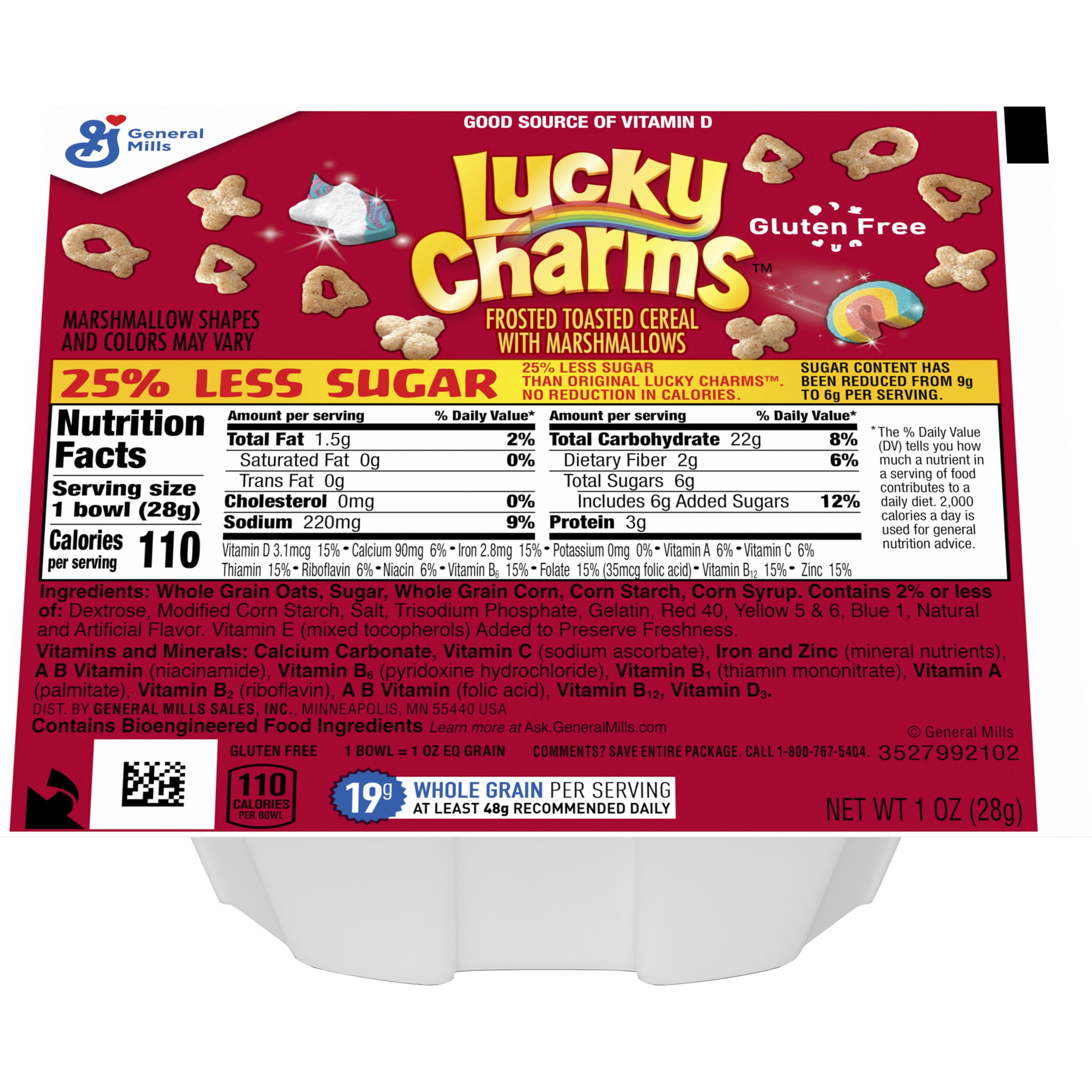 Front - 3D Lucky Charms Gluten Free Cereal 25% Less Sugar Single Serve Bowlpak 96/1 oz