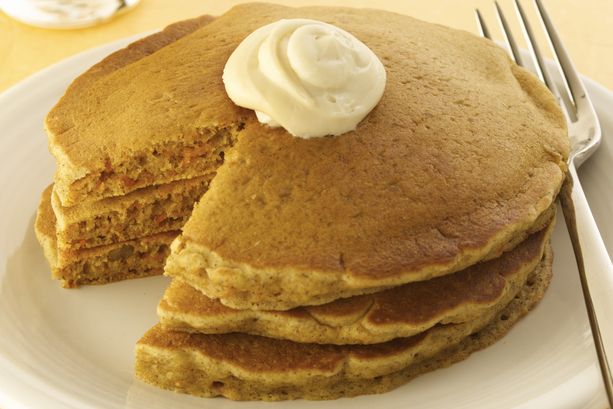 Maple Cream Cheese Topped Carrot Raisin Griddle Cakes