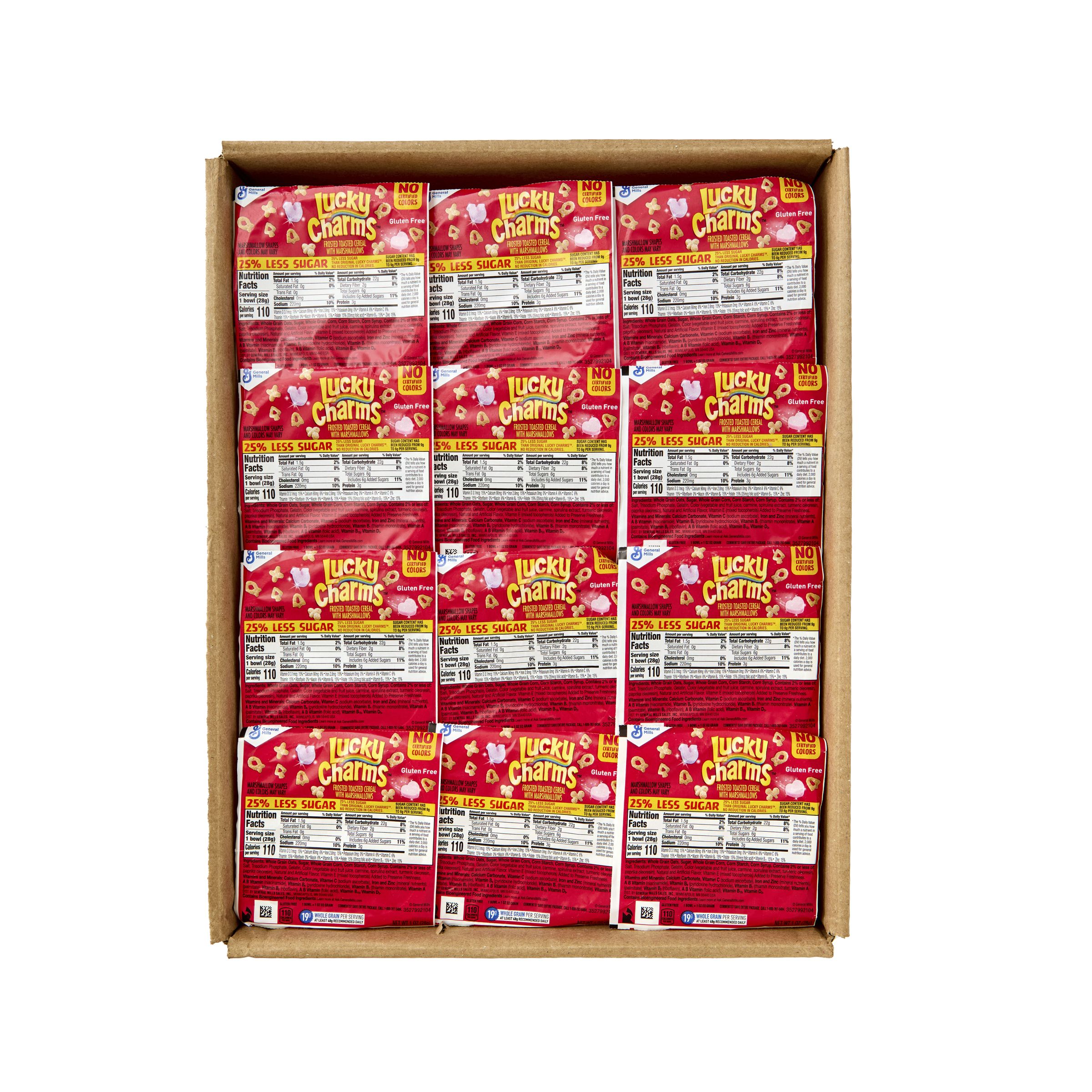  Open Case Lucky Charms Gluten Free Cereal Single Serve Bowlpak 25% Less Sugar 96/1 OZ