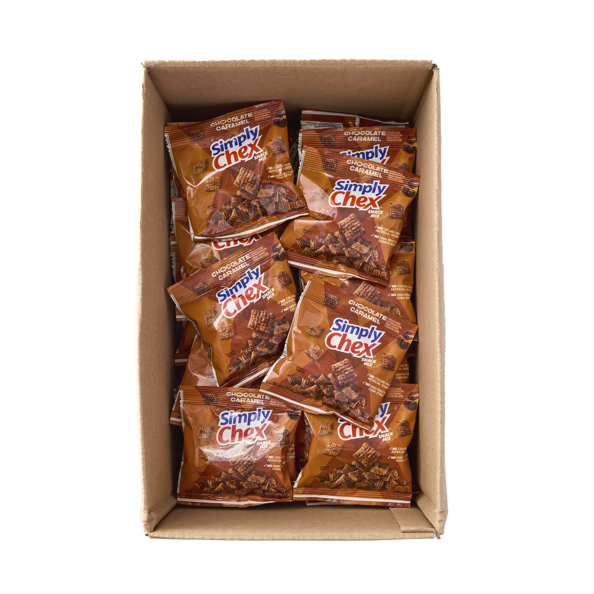  Open Case Simply Chex Snack Mix Single Serve Pouch Whole Grain-Rich Chocolate Caramel 60/1.03 OZ
