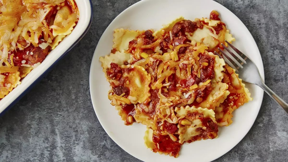 Creamy Enchilada Ravioli Casserole