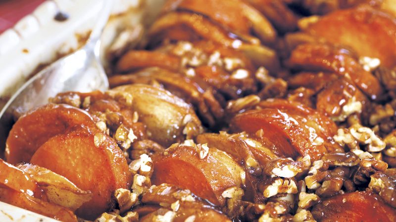 Roasted Apples and Sweet Potatoes in Honey-Bourbon Glaze