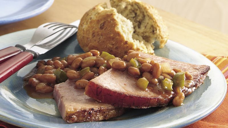 Ham Steak with Barbecued Baked Beans