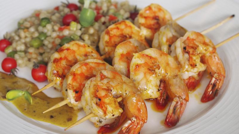 Israeli Couscous with Grilled Shrimp in Curry Sauce
