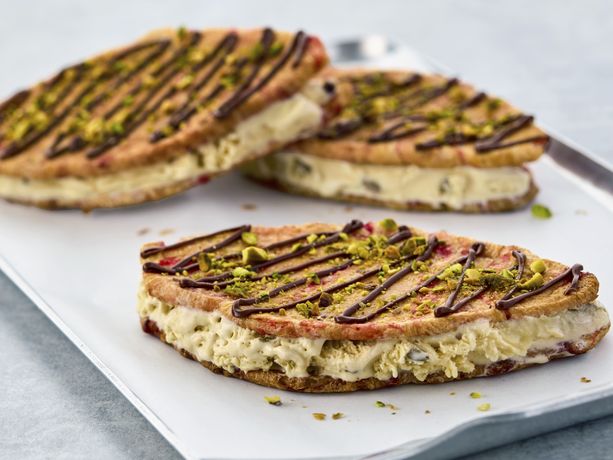 Strawberry and Pistachio Flat Croissant Ice Cream Sandwiches