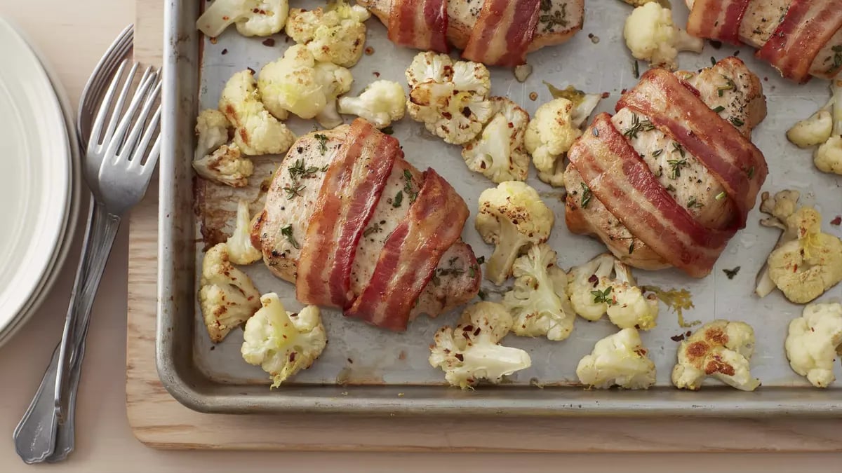 Bacon-Wrapped Pork Chops and Cauliflower Sheet-Pan Dinner