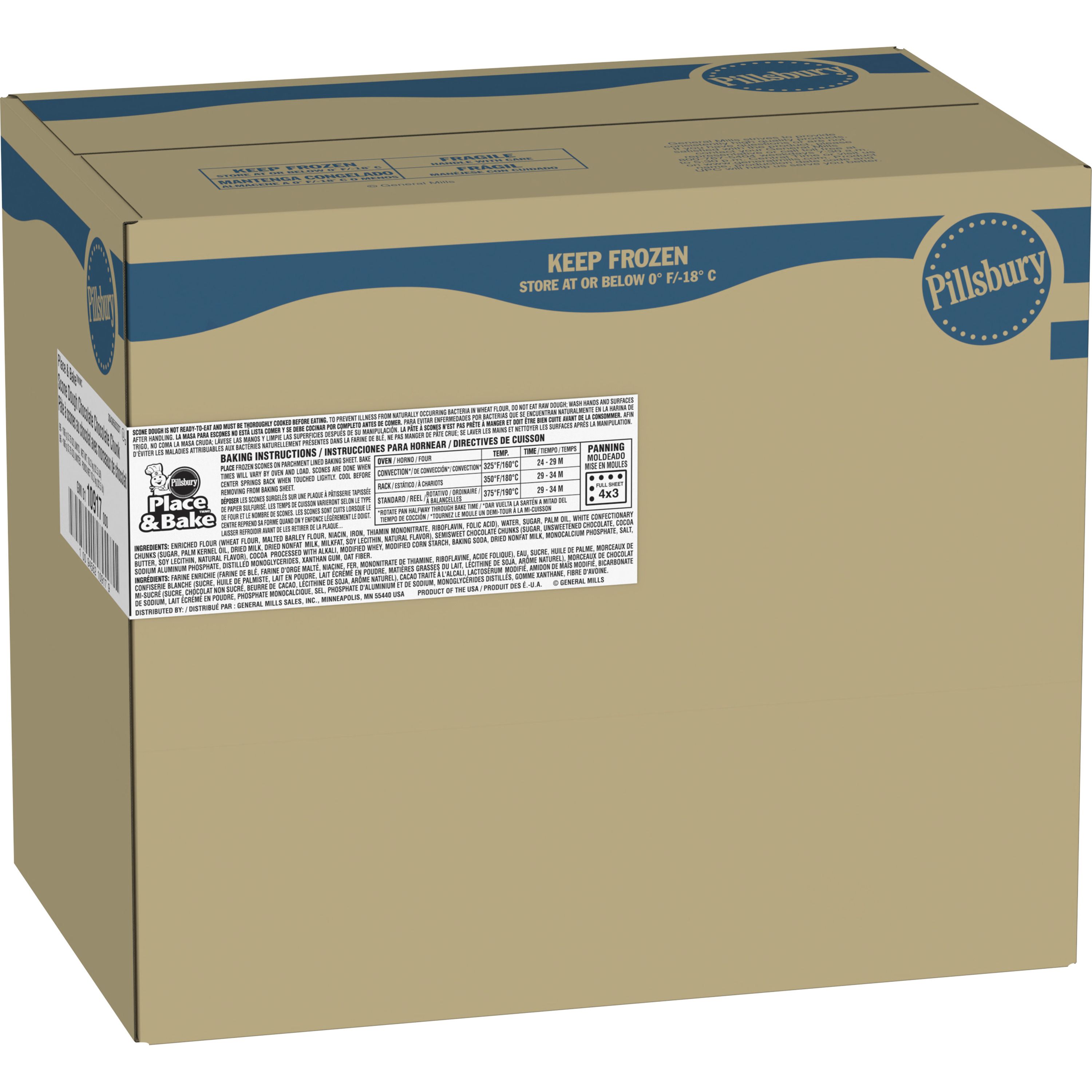 Case - Left Front 3D Pillsbury Frozen Scone Dough Bulk Place & Bake Choc Choc Chunk 96/3.75 OZ