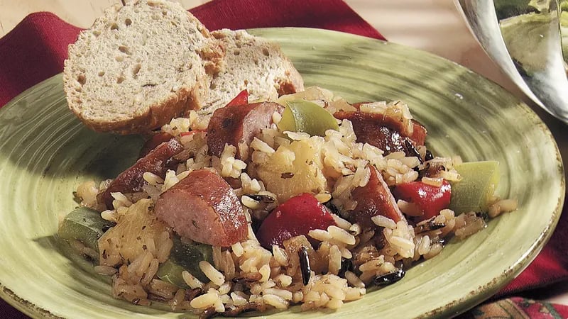 Hawaiian Sausage and Rice Bake