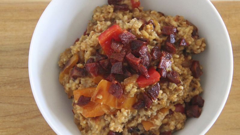 Steel Cut Oatmeal with Chorizo, Peppers and Onions