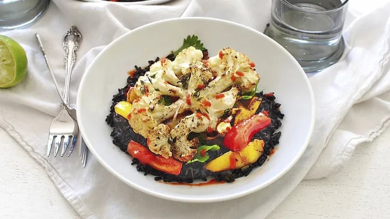 Roasted Cauliflower Steaks over Black Rice