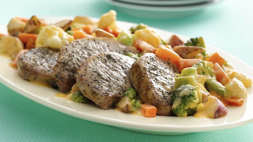 Roasted Pork Chops with Cheesy Vegetables