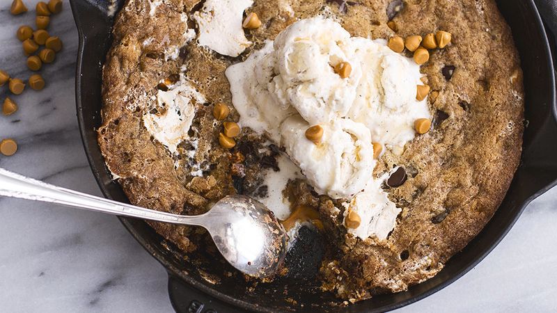 Triple Chocolate Chip and Butterscotch Skillet Cookie