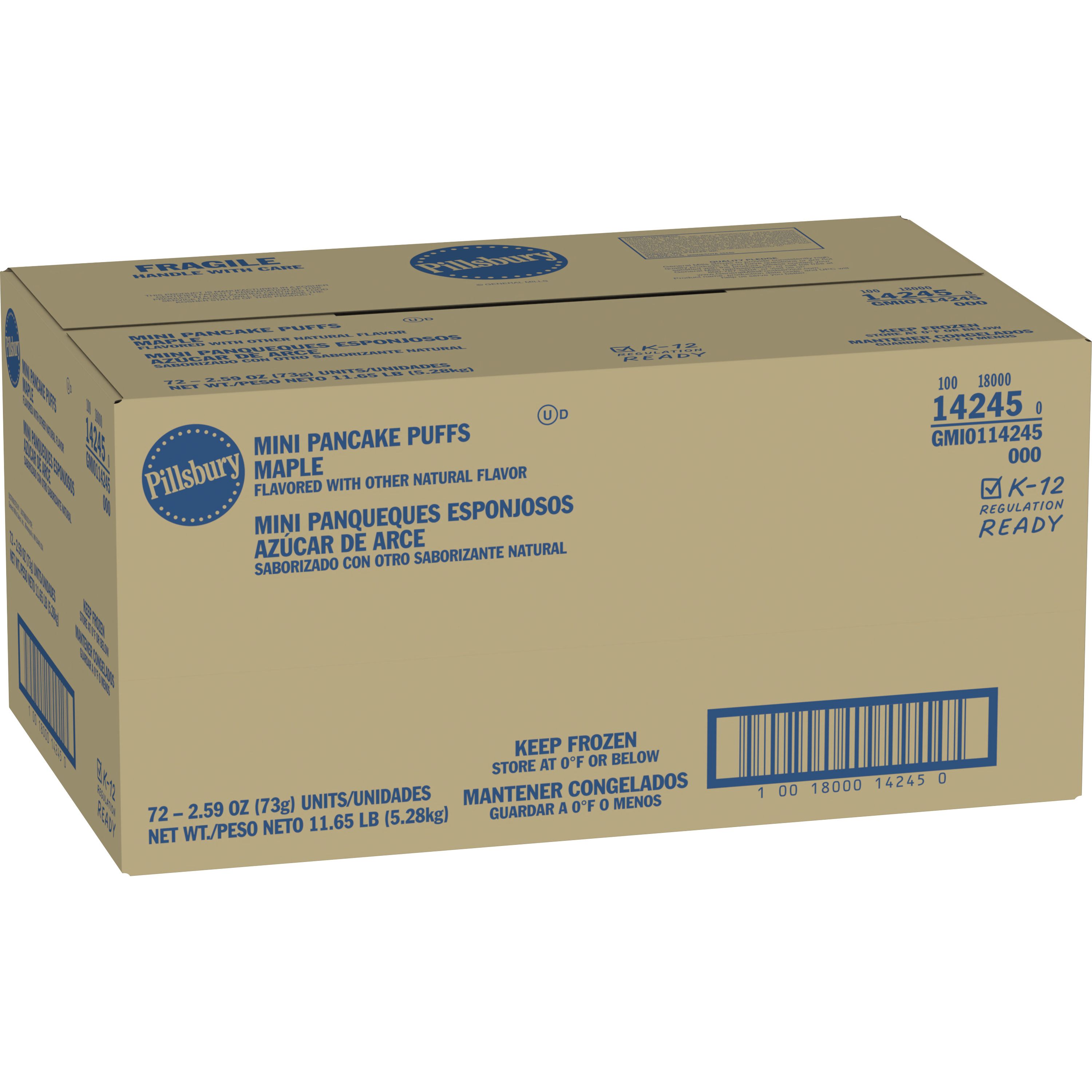 Case - Left Front 3D Pillsbury Frozen Meals Pancake Puffs Single Serve Pouch Maple 72/2.59 OZ