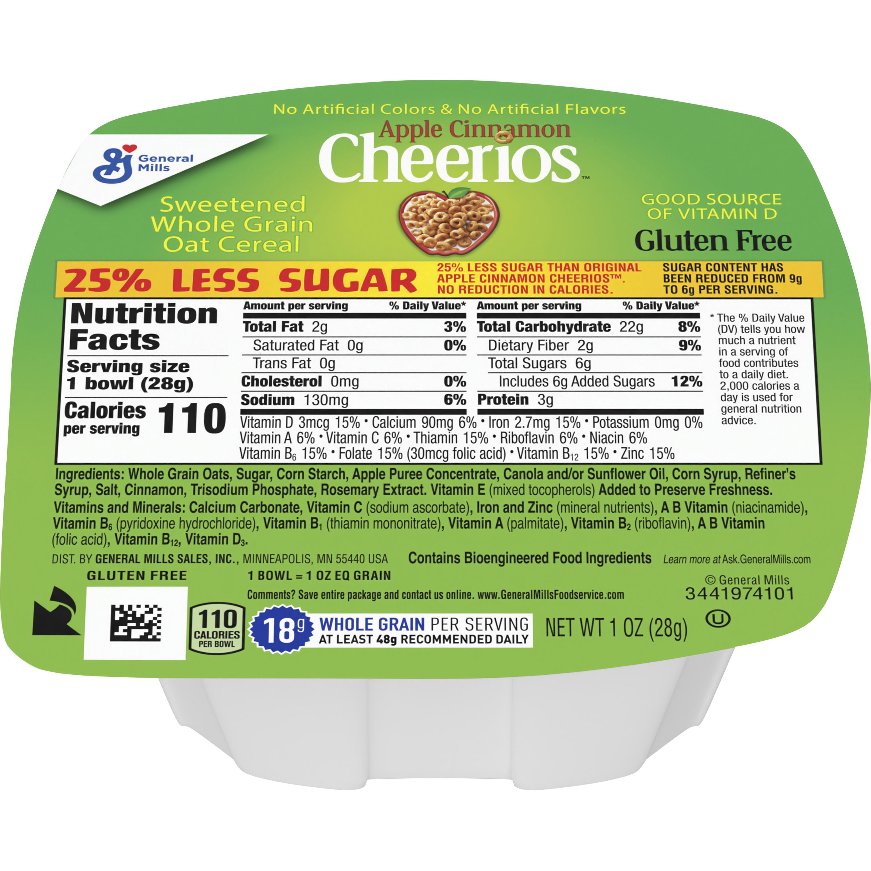 Front - 3D Apple Cinnamon Cheerios Gluten Free Single Serve Bowlpak 25% Less Sugar 96/1 OZ