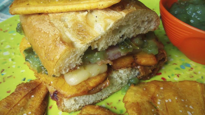 Peanut Butter and Jelly Sandwich with Smoked Pork and Fried Plantains