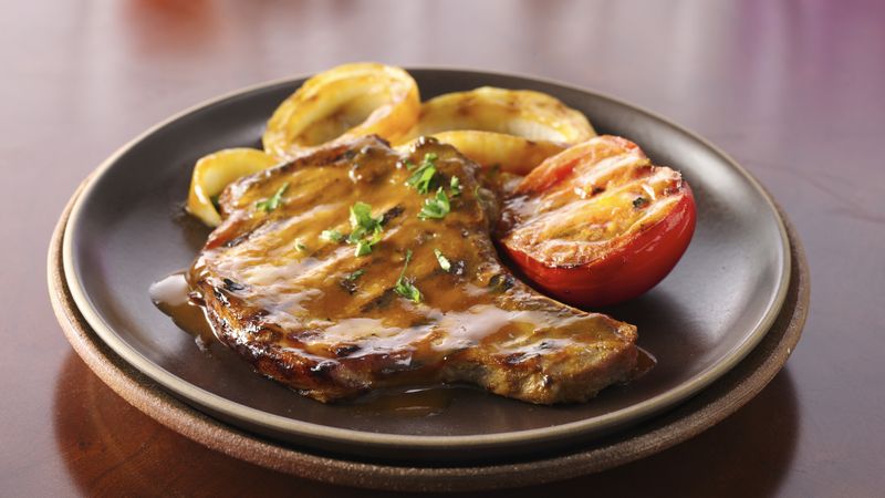 Whiskey-Dijon Barbecued Pork Chops with Grilled Veggies