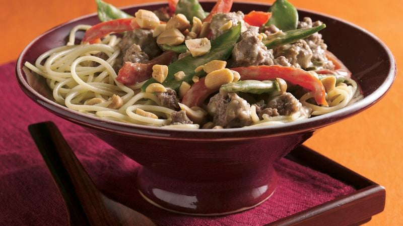 Thai Peanut Beef and Pea Pods Over Noodles
