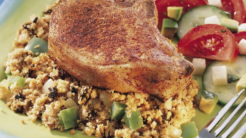 Pork Chops with Ancho Chile Cornbread Stuffing