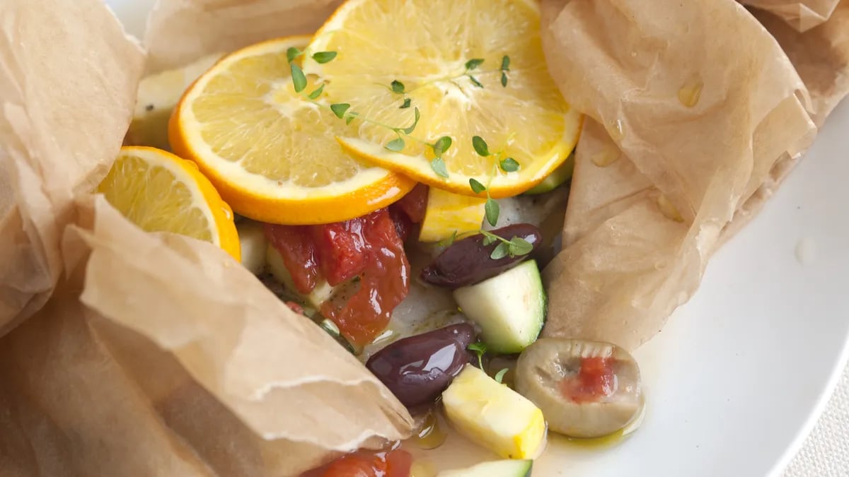 Baked Halibut with Zucchini, Olives, Tomatoes and Oranges