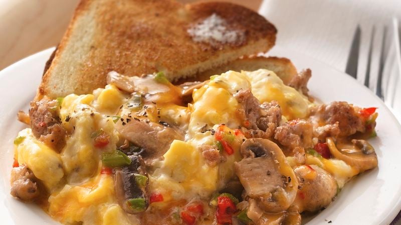 Crockpot Scrambled Eggs with Sausage Omelette for a Crowd