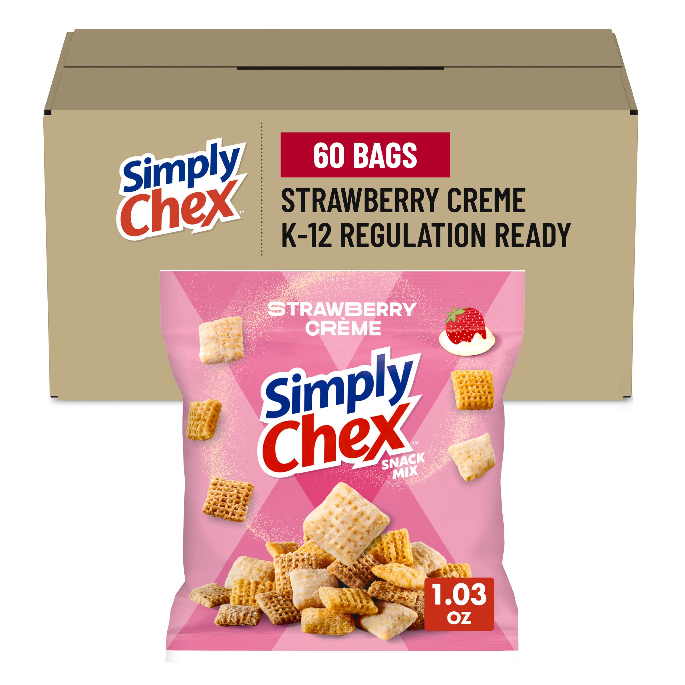 Case Optimized Hero Simply Chex Snack Mix Single Serve Pouch Strawberry Creme 60/1.03 OZ