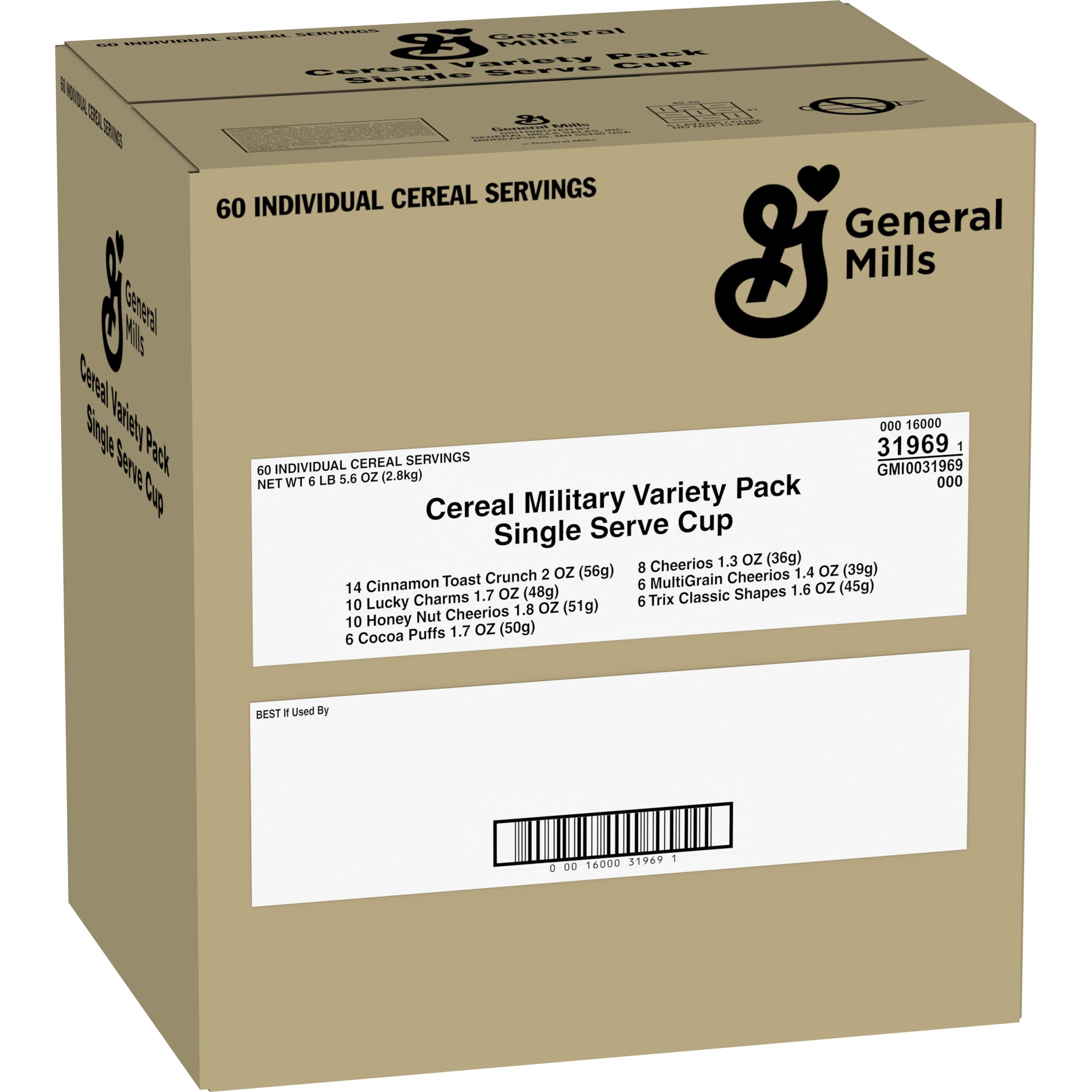 Case - Left Front 3D General Mills Cereal Single Serve Cup Military Variety Pack (60 ct) 1.704 oz  