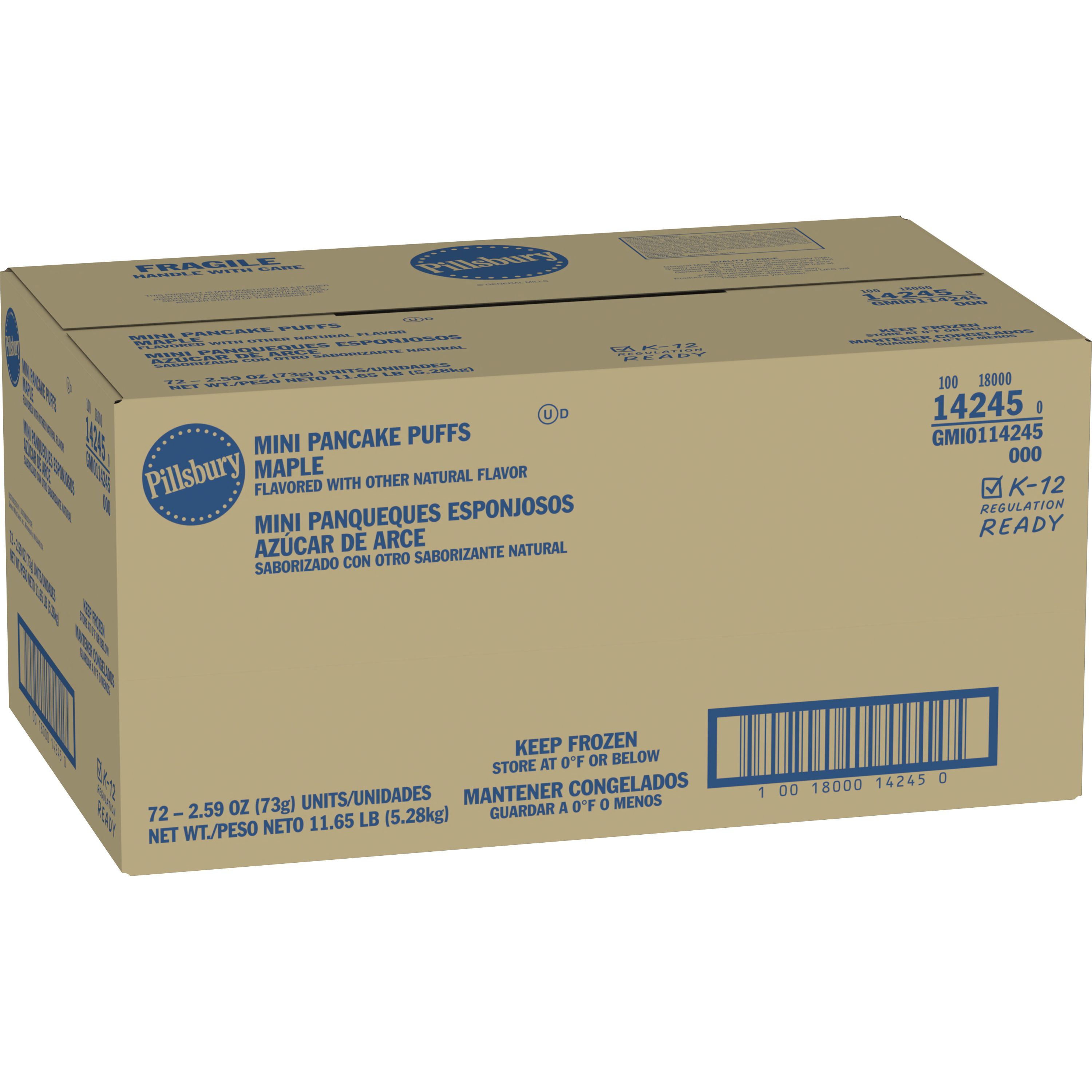 Case - Left Front 3D Pillsbury Frozen Meals Pancake Puffs Single Serve Pouch Maple 72/2.59 OZ