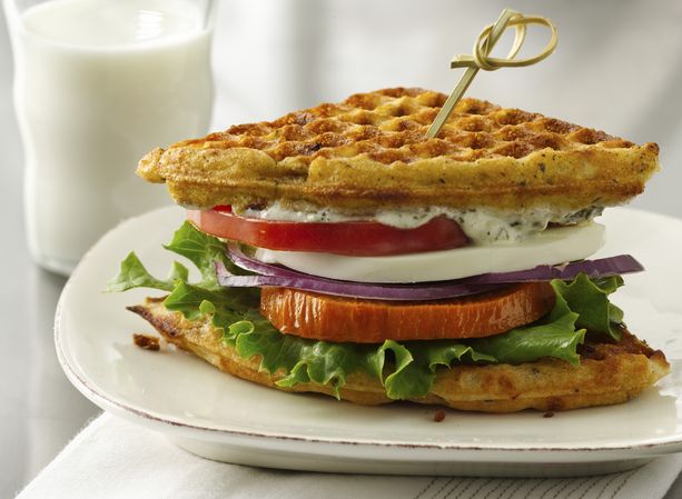 Stacked Vegetarian Pesto Wafflewich