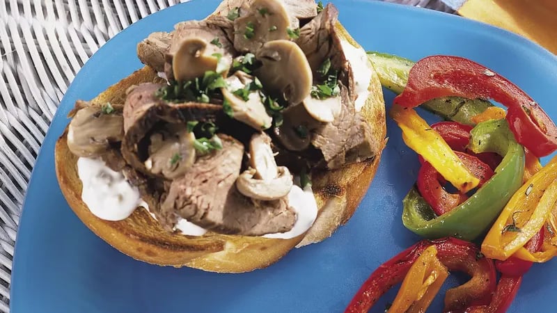 Flank Steak and Mushrooms on Sourdough Bread with Blue Cheese Sauce
