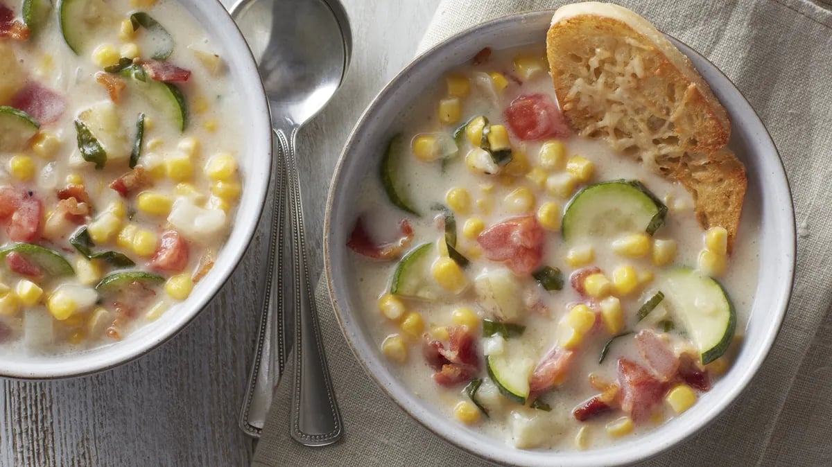 Summer Vegetable Chowder with Parmesan Croutons