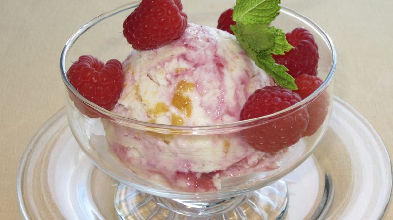 Lactose Free Peach Frozen Yogurt with Raspberry Swirl