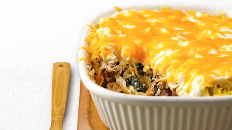 Skinny Beef and Noodle Layered Casserole