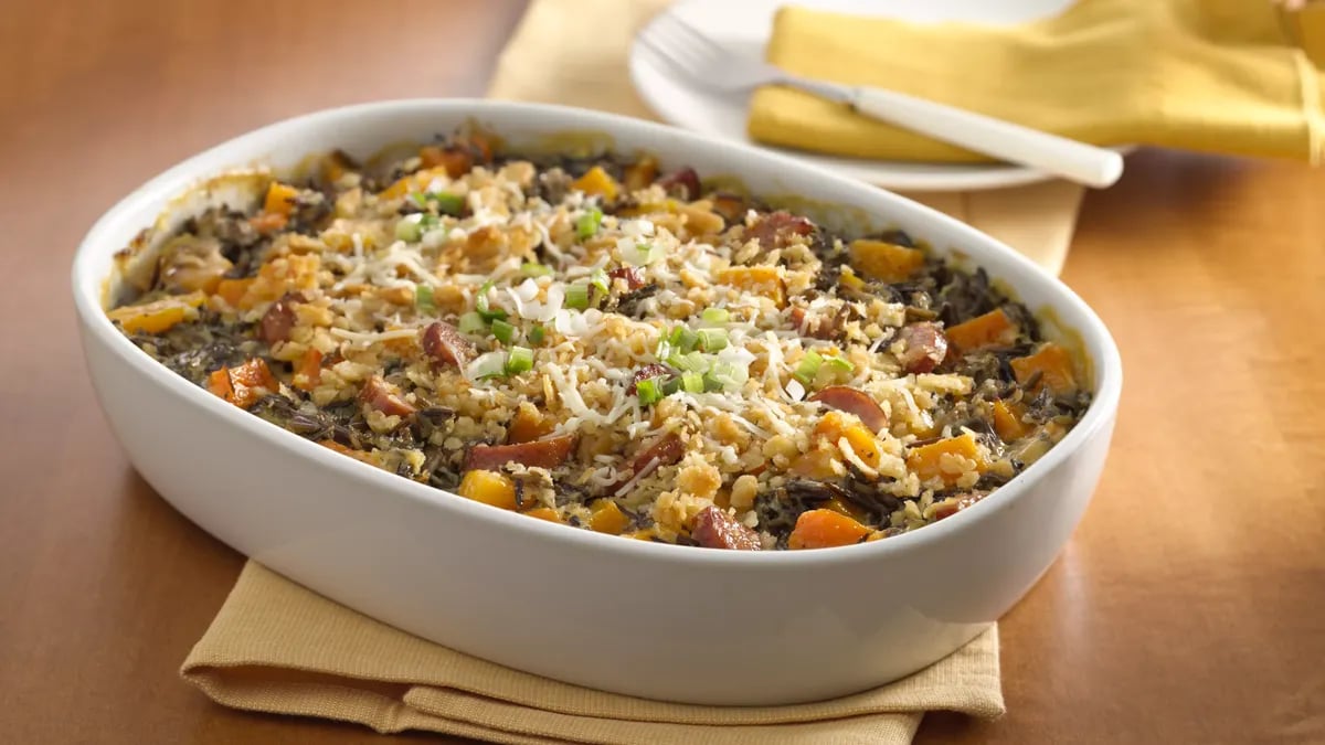 Andouille Sausage, Squash and Wild Rice Casserole